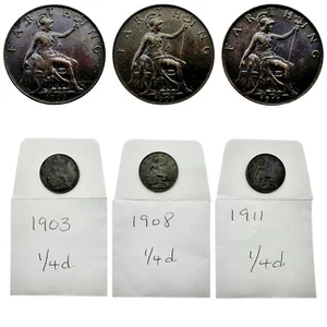 HIGHER GRADE EDWARD VII & GEORGE V FARTHINGS 1903, 1908 & 1911 - Picture 1 of 8