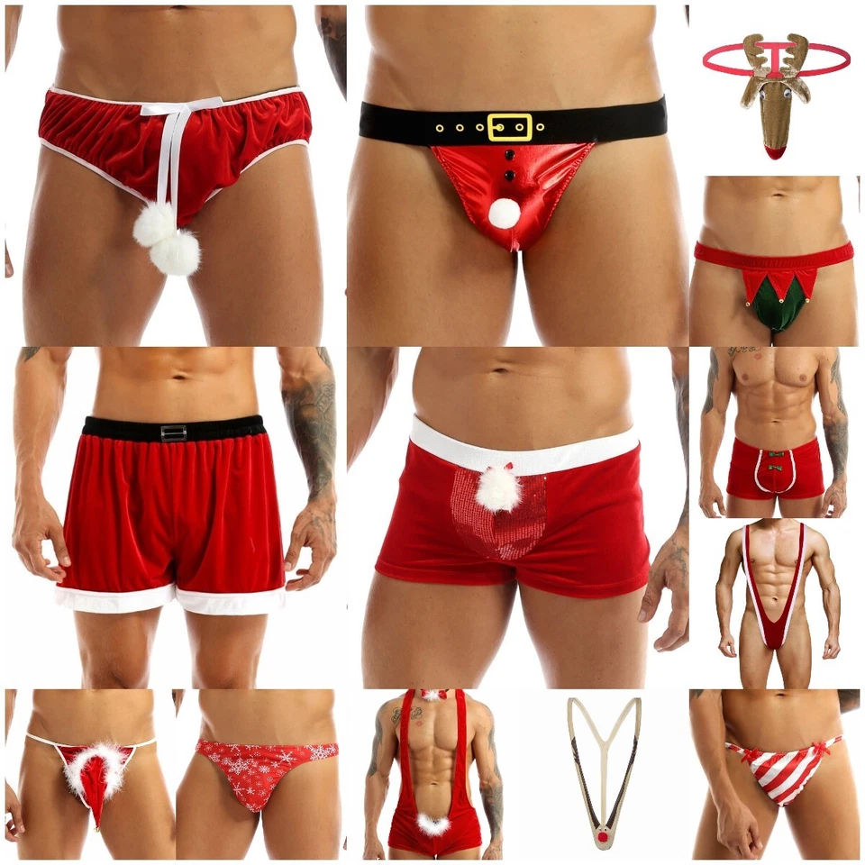 US~ Men Christmas Santa Claus Underwears Cosplay Lingerie T-Back Thong Briefs - Image 1 of 1