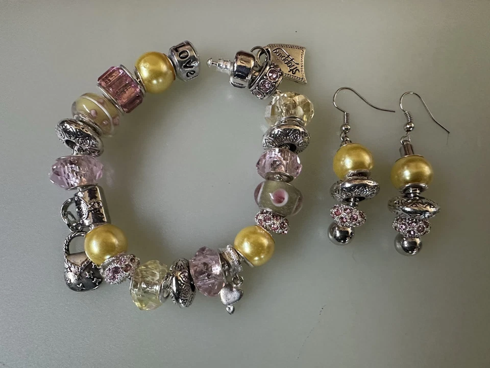 1 Large Hole Beads Glass Acrylic Pink/Yellow Charms Spacers bracelet & 1 earring - Image 1 of 1
