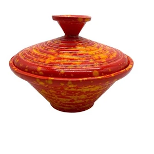 Vintage Mid Century Lidded Dish Red, Orange Speckle 1969 signed unique design - Picture 1 of 9