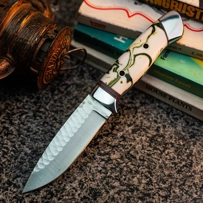 Gift-Ready 8.5" Damascus / Steel Knife Full Tang Hunt it Hunt + Leather Sheath - Image 1 of 4