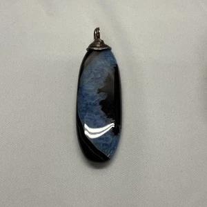 Blue Black Silver Tone Agate Pendant 2 1/2” - Afbeelding 1 van 4
