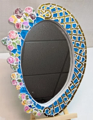 Hand Crafted Broken China And Stained Glass Mosaic Mirror With Floral Rose Motif - Image 1 of 4