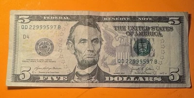 $5 Dollar Bill Serial Number Fancy             QD 22999597B - Image 1 of 3