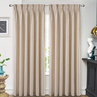 2Pc Pinch Pleat Semi Sheer Beige Linen Curtain Farmhouse and Modern Rustic Drape - Image 1 of 4