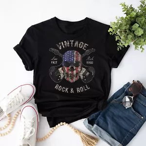 American Flag Guitar Vintage Rock and Roll Skull Guitarist Men Women T-Shirt - Picture 1 of 21