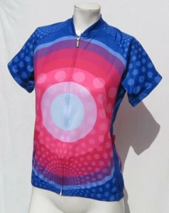 SPORTSWEAR 83 Women’s Blue Pink Dot Print Full Zip Cycling Jersey Top US M  MINT - Picture 1 of 5