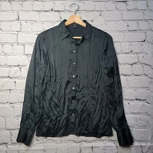 Vintage Ann Taylor Silk Black Button Up Fitted Collared Chic Sleek Blouse Size 4 - Picture 1 of 11
