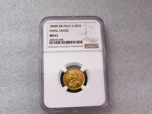 1858 Italy Papal States Pius IX Gold 2.5 Scudo Scudi Anno XIII Rome NGC MS61 - Picture 1 of 7