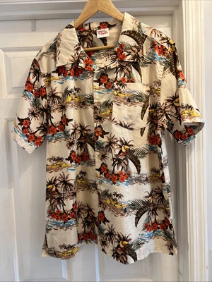 Camisa Barefoot In Paradise Para Hombres Algodón Hawaiano Abotonada Palma Y Tucán Talla L Foto 1 de 4