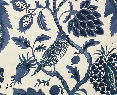 RICHLOOM NIGHTINGALE INDIGO BLUE TEAL BIRD LINEN MULTIUSE FABRIC BY YARD 54"W