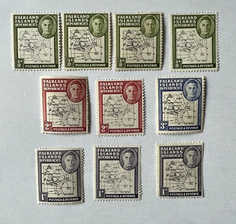 1946-1948 FALKLAND ISLANDS MAP LOT OF 10 MINT STAMPS KING GEORGE VI #1 Cover