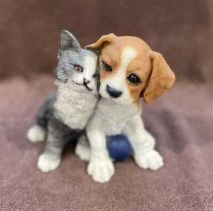 Pre Owned Adorable Resin Loving Purr-fect Pair Cat And Beagle Puppy Statue - Picture 1 of 5