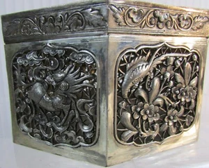 Antique Hexagonal Silver Metal Hinged Trinket Box, Repousse + Carved, 6” - Picture 1 of 5