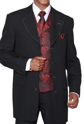 Nuevo traje de moda de 4 botones para hombre + pantalón + chaleco + corbata + gancho negro/rojo, negro/gris #6903V Foto 1 de 2
