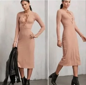 REFORMATION Edison Buff Tan Brown Stretch Ribbed Lace-up Long Sleeve Midi Xs - Picture 1 of 15