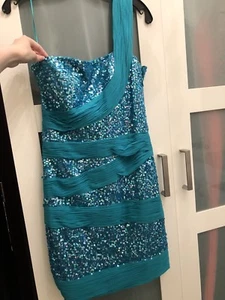 New MARC Bouwer GlamIT Turquoise Blue Sequin One Shoulder Party Dress 8 Fits 4 - Picture 1 of 5