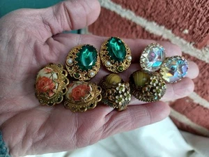 VINTAGE SGD WEST GERMANY GREEN RHINESTONE FAUX PEARL LAVA ROCK EARRINGS LOT - Picture 1 of 14