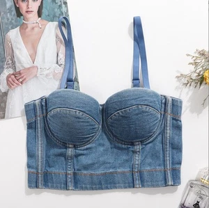 Women Denim Tank Bustier Bra Bralette Corset Crop Top Spaghetti Straps Punk - Picture 1 of 9