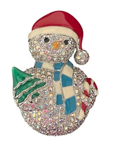 Emaillierte Schneemann Brosche Anstecknadel mit künstlichen Strasssteinen silberfarben - Bild 1 von 3