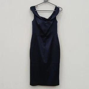 Karen Millen Bardot Mini Dress UK 12 Navy Blue Satin Off the Shoulder FLT04-CD - Picture 1 of 4