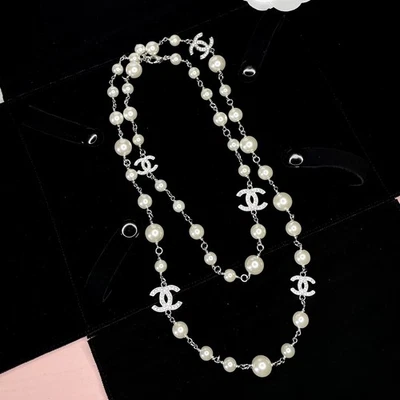 Vintage CHANEL 06 Faux Pearl Black Bead Interlocking CC Opera Length Necklace - Image 1 of 4