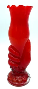 Vintage MCM gefasste Glas Hand Vase rot gekräuselt Top 9" - Bild 1 von 6
