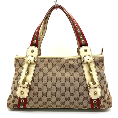 Auth Gucci GG Canvas x Leather Sherry Line Beige x White Tote Bag NS092172 - Image 1 of 4