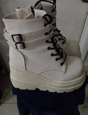 DEMONIA SHA52 Womens' White Vegan Leather Wedge Platform Ankle Boots - Image 1 of 4