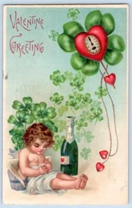 1908 VALENTINE GREETING CHERUB CHAMPAGNE BOTTLE CLOCK HEART SHAMROCKS POSTCARD - Picture 1 of 2