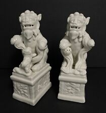 Pair of 2 Chinese White Blanc De Chine Porcelain Foo Dogs Statues, 11" - Nice!!