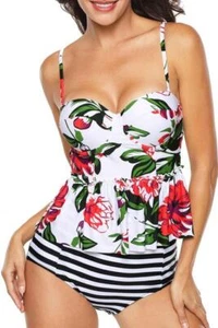 Tankini Floral Swimsuit Ladies 2X" "3X" "4X" "5X White 2pc Floral Print Flounce - Picture 1 of 7