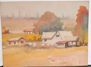 WALLINE SMALL ORIGINAL WATERCOLOR HOMESTEAD CITY SKY SCRAPERS PAINTING UNFRAMED - Picture 1 of 5