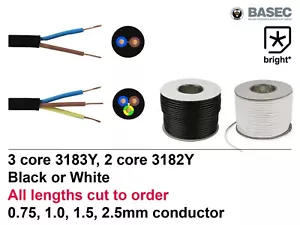 OFFER Flexible Mains Cable 2 & 3 core Black White 0.75, 1, 1,5, 2.5mm Wire Round - Picture 1 of 5