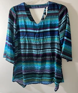NY Collection 3/4 Sleeve Slipover Blue Multi-Color High-Low Tunic Top. Sz M - Picture 1 of 8