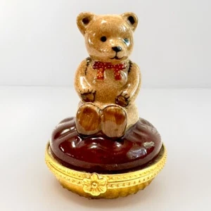 Sylvester Bear Trinket Box, Sweet Brown Teddy Bear On A Cushion - Picture 1 of 7
