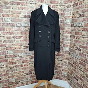 Linea Angora Wool Coat Overcoat UK 14 Black Midi Length Doublebrested