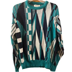 Vintage USA Sweater Men L Teal Navy White Tundra Coogi Style 3D Geometric Knit - Picture 1 of 7