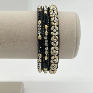 Vintage Bangle Bracelet Set of 3 – Style Black & Gold Rhinestone Boho - Picture 1 of 6