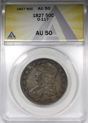 Бывшая в обращении монета номиналом 50 центов 1827 с изображением бюста и крышкой ANACS AU50 R3 - Изображение 1 из 4