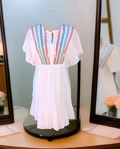 UNDERCOVER Mini Abito Knox Rosa Bianco Cotone Ricamato Tasche Maniche Svolazzanti NUOVO TG M