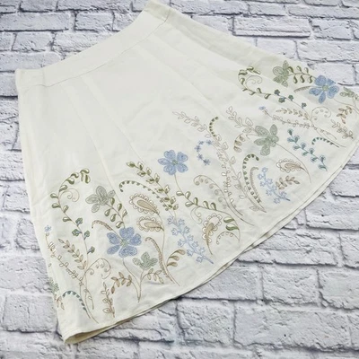 Vestido Granero Crema Mezcla Lino Bordado Midi Falda Mujer Talla 12 Floral Foto 1 de 4