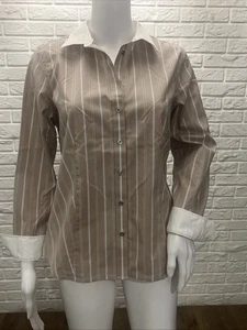 Talbots Non-Iron Perfect Shirt Teatime Stripe Size 8P EUC Tan & White Career - Picture 1 of 12
