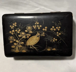 Japan Antique Lacquer Hinged Box Bird on Tree Branches Gold Black - Picture 1 of 16