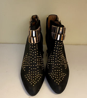 Jeffrey Campbell Ibiza Últimas Botas Botines Tacón Gamuza Cuero Negro Dorado Hebilla Foto 1 de 4