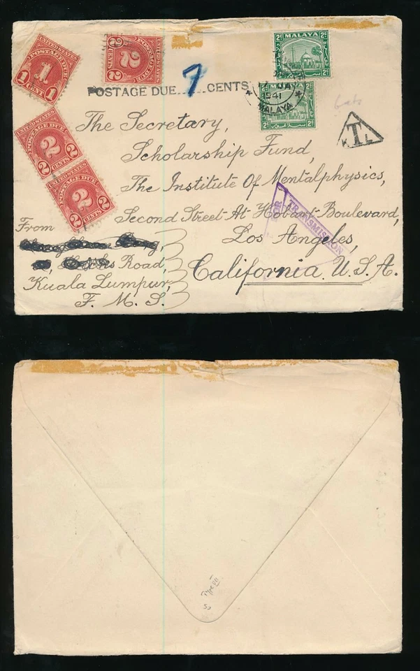 MALAYA 1941 UNDERPAID to USA POSTAGE DUES 7c + KTL TRIANGLE + CENSOR to LA - Image 1 of 3