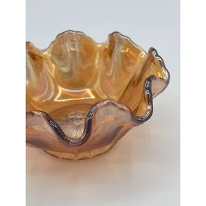 Marigold Carnival Glass Ruffle Bowl, 4 1/2” Diameter Trinket Bowl - Picture 1 of 6