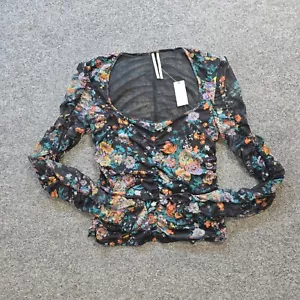Free People Top Women Size Medium Black Floral Ruched Long Sleeve Scoop Neck - Picture 1 of 10