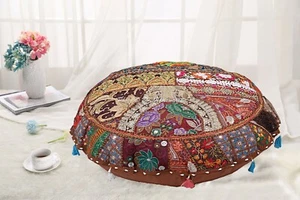 Brown Round Patchwork Vintage Floor Cushion Pouf Cushion Cover 28 in Home Décor - Picture 1 of 7