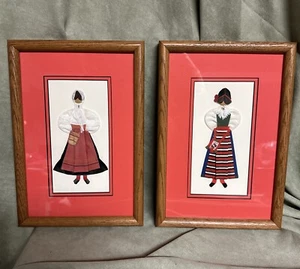 Set Of 2 Vintage Textile Framed Wall Art Pictures Folk Art Doll Fabric Women - Picture 1 of 11